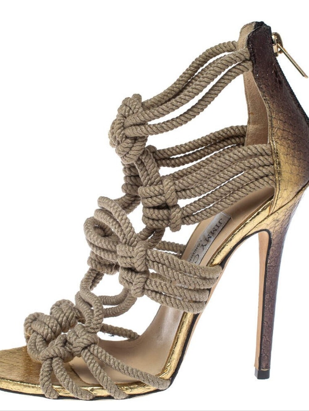 Jimmy Choo Kalmar Rope Knot Elaphe Snake Taupe Gold Gladiator Sandal Heel EU38 - Picture 8 of 9